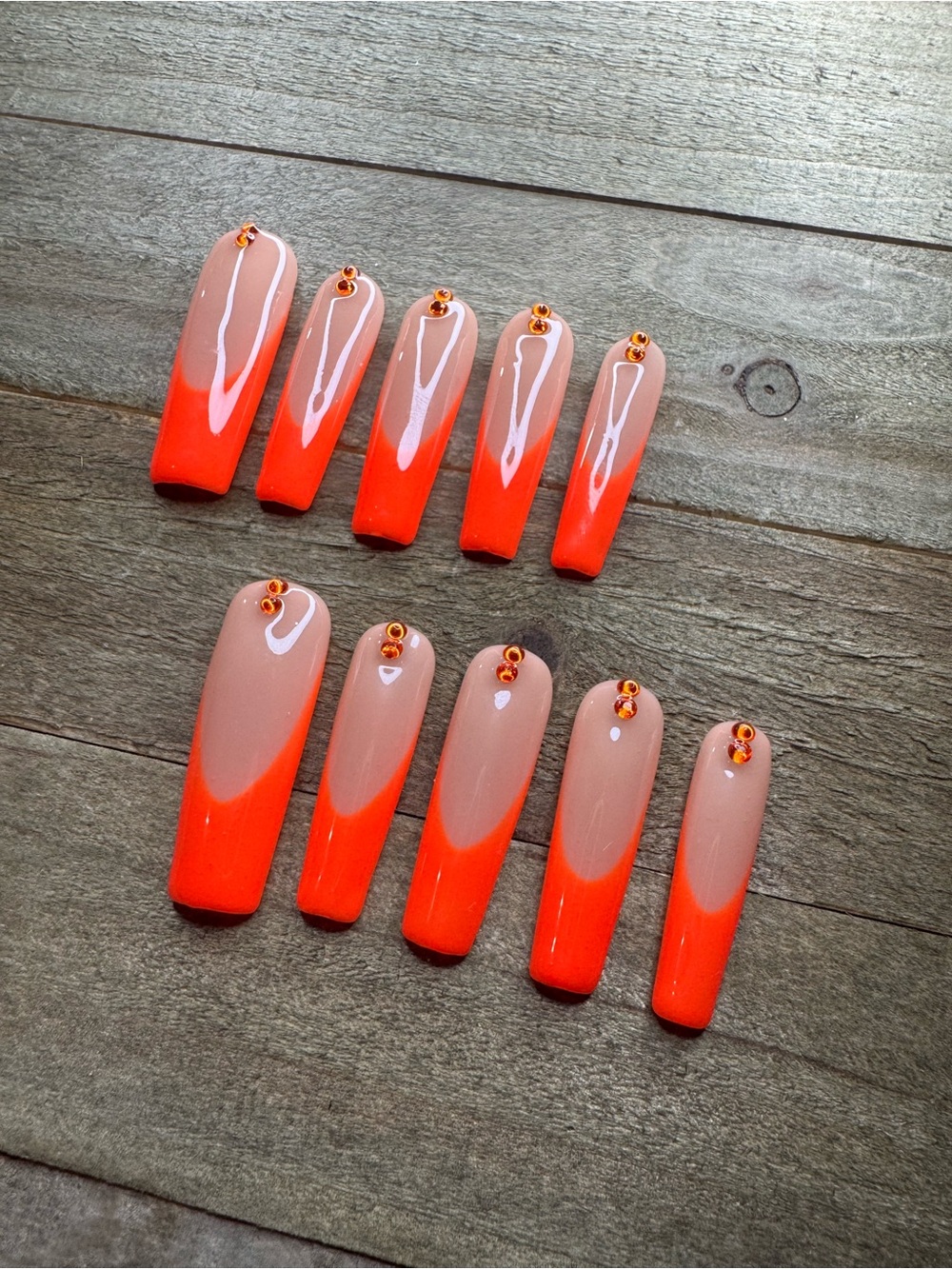 Halloween Orange French Tip Rhinestone Press-On Nails Size Large